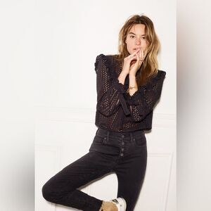 Madewell Eyelet Peasant Ruffle Top Black XS Cotton Preppy Minimalist